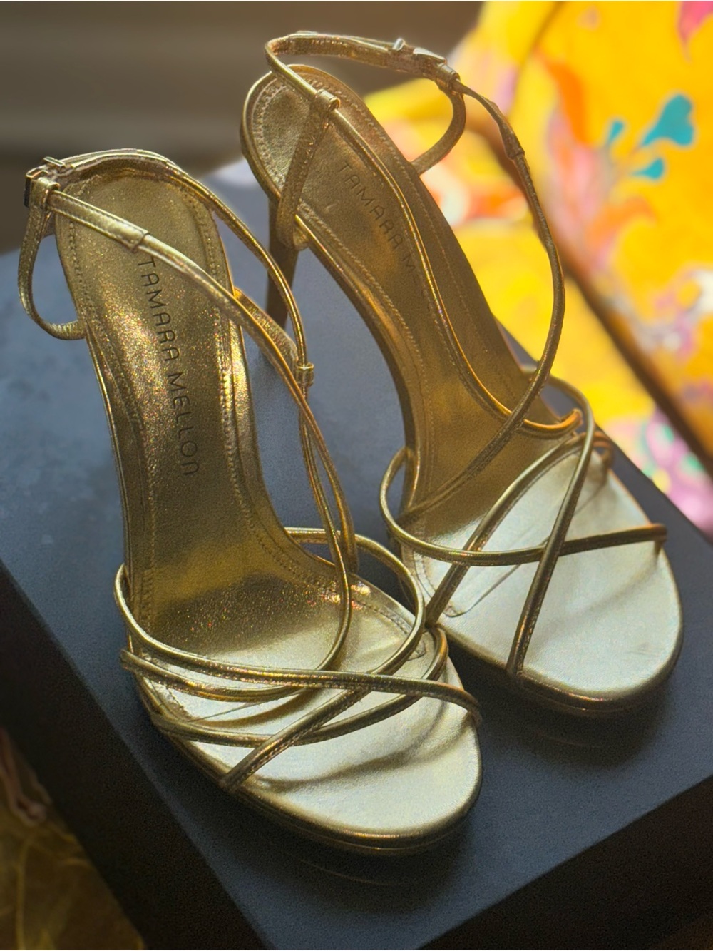 Tamara Mellon Metallic Gold Strappy High-Heel Sandals NWOB never worn, sz 38